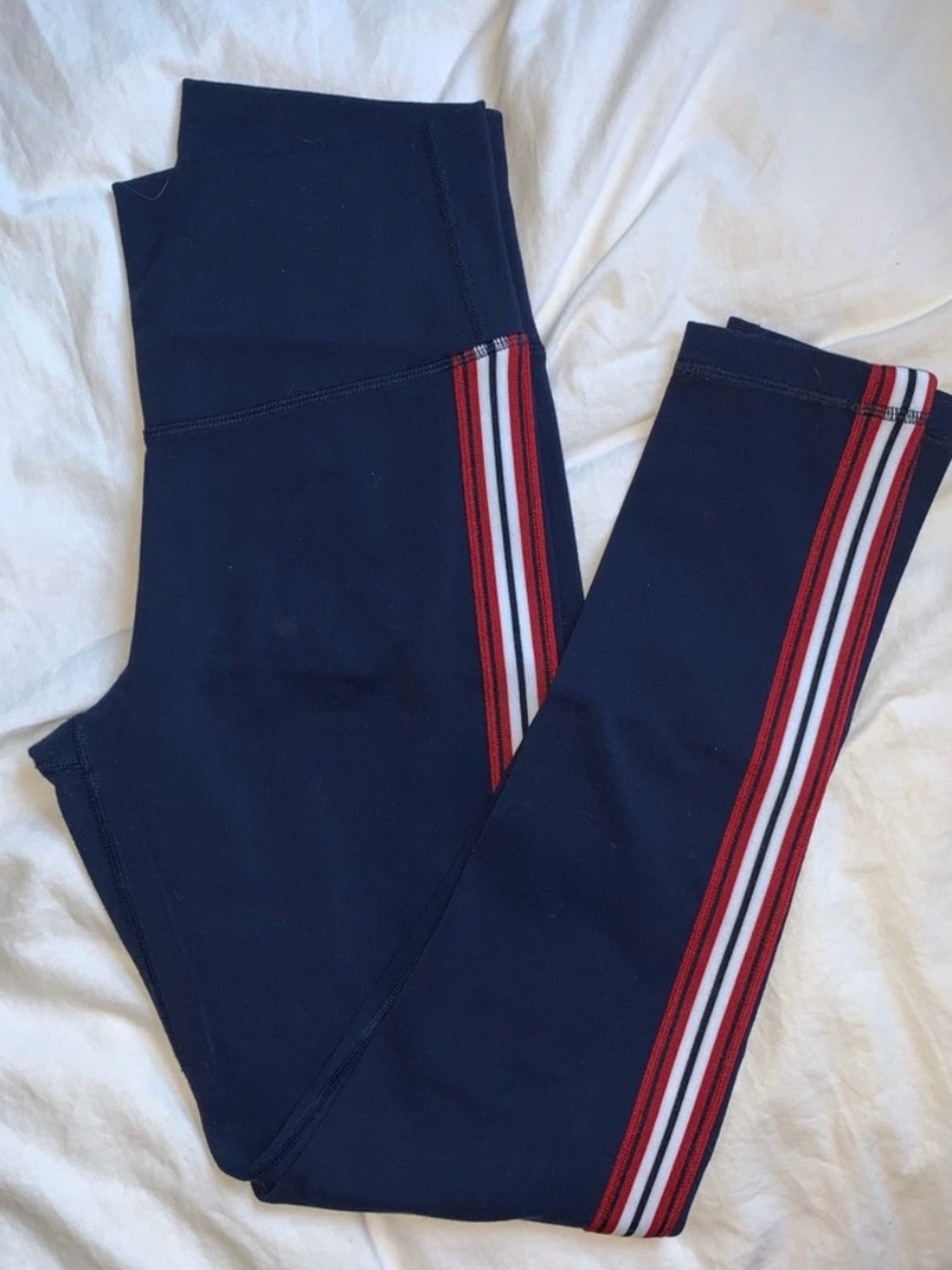 TNA Navy Leggings with Red and White Side Stripes